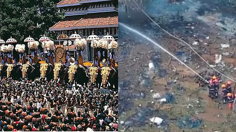 Thrissur Pooram image for representation, and the fire and Rescue personnel douse flames and search the debris at the site (Lto R)  