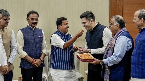 BJP national president Nitin Nabin meets Rajya Sabha MPs Raghav Chadha, Sandeep Pathak and Ashok Mittal at the party's headquarters, in New Delhi