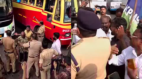 Police intervene as protesters block a KSRTC bus during a statewide hartal in Kerala, with officers dispersing demonstrators and clearing the road amid tense scenes.