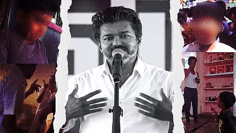 Stylised image of Vijay in black and white in the centre. Blurred screenshots of children from Instagram reels are on both sides in colour.