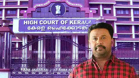 Actor Dileep in front of an image of the Kerala High Court building, with the court's name displayed prominently in English and Malayalam.