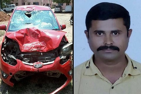 A collage of Kanagaraj's image and red car rammed into the bike