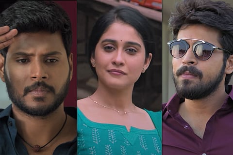 Sundeep Kishan on the left, Harish Kalyan on the right and Regina Cassandra in the centre. 