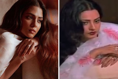 An image of Malavika Mohanan's recreation of Rekha's look from Silsila on the left and a screengrab from the movie featuring Rekha on the right.
