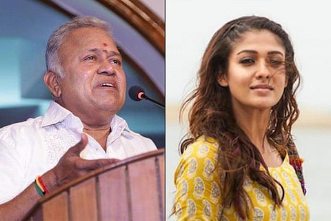 A collage of Radha Ravi and Nayanthara