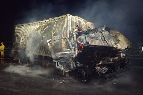 Two persons charred to death as truck catches fire in ORR in Hyderabad