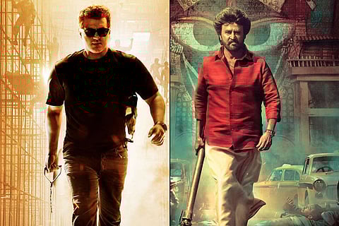 Collage of Ajith from Valimai and Rajinikanth from Annaatthe
