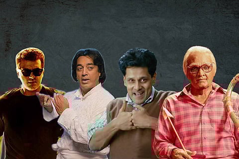 (from left) Ajith in Valimai, Kamal Haasan in Vishwaroopam, Vikram in Deiva Thirumagal, and Vijay Sethupathi in Seethakaathi