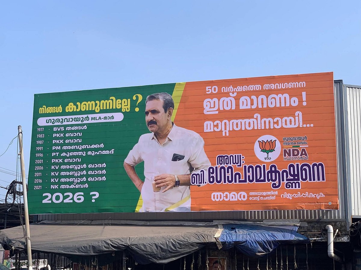 Large political flex board in Guruvayur featuring BJP candidate B Gopalakrishnan, listing past MLAs (all Muslims) and calling for change in 2026, with NDA and lotus symbols visible.