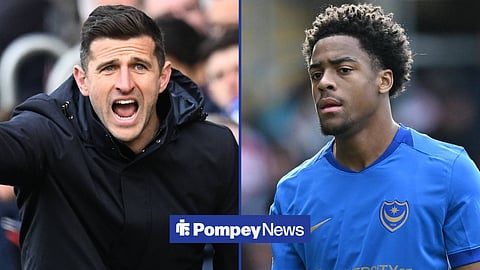 Portsmouth manager John Mousinho shouting and Ryan Kavuma-McQueen in action for Portsmouth vs Southampton