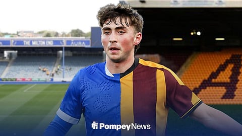 Hayden Matthews playing for Portsmouth at Fratton Park, Hayden Matthews playing for Bradford at Valley Parade