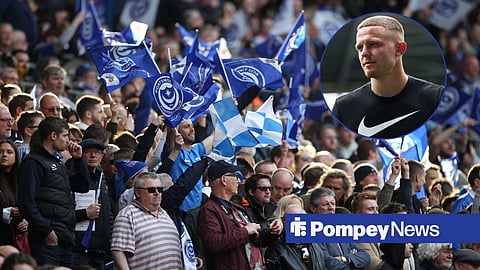 Portsmouth fans waving flags with Portsmouth striker Colby Bishop in a circular inset