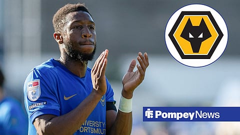 Ebou Adams applauding whilst in action for Portsmouth and Wolves crest in a circular inset