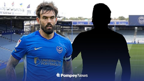 Marlon Pack in action for Portsmouth next to a blank silhouette and Fratton Park background