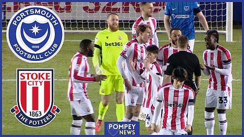 Stoke City players complain after Portsmouth are awarded a penalty at Fratton Park [Credit: Sky Sports]
