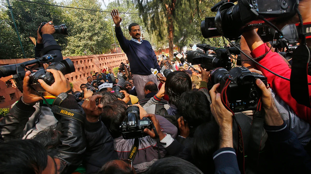 Kejriwal waves during a protest against the Delhi police in 2014, during his 49-day government. (Photo: Reuters)