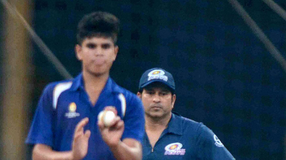 Sachin Tendulkar watches on as son Arjun bowls in the nets on Wednesday. (Photo: PTI/BCCI)