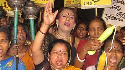 Sex workers at a demonstration in Sonagachi. (Photo: <a href="http://durbar.org/index.aspx">Durbar Mahila Samanaya Committee</a>)