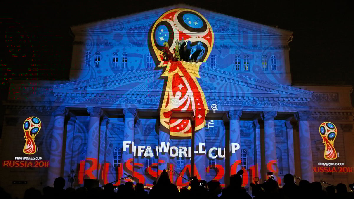  A light installation showing the official logotype of the 2018 FIFA World Cup during its unveiling ceremony at the Bolshoi Theater building in Moscow. (Photo: Reuters)