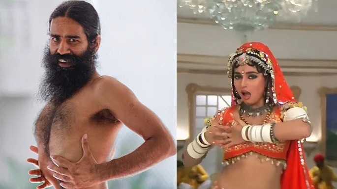 Check out how Baba Ramdev’s yoga postures (Photo: Reuters) resemble Madhuri Dixit’s seductive moves (Photo: <a href="https://www.youtube.com/watch?v=nHU3M3LSolY">YouTube/Rajshri</a>)