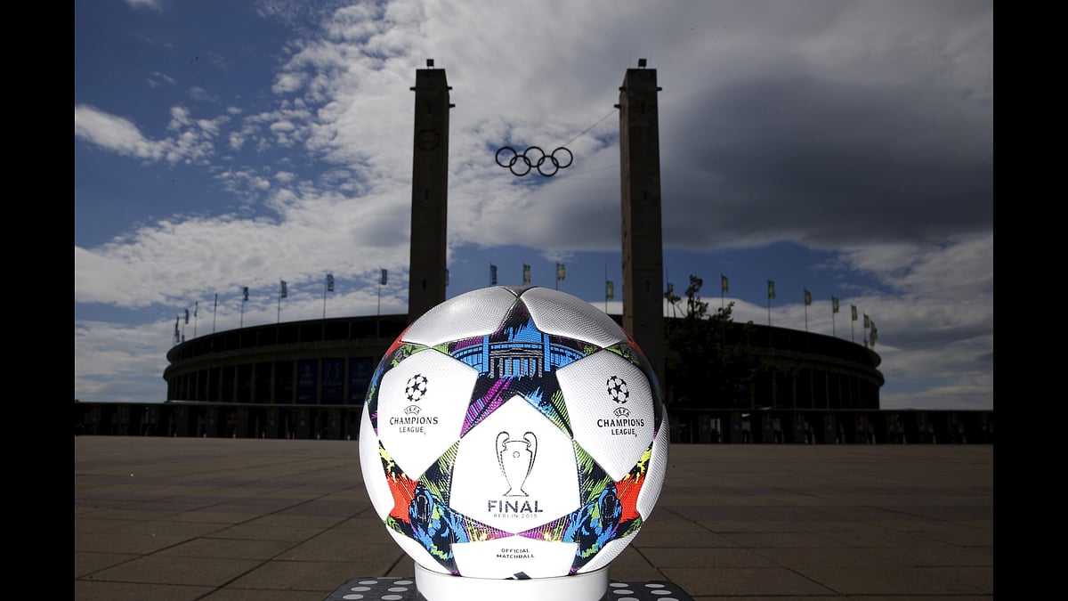 The official match ball for the UEFA Champions League final with Berlin’s landmark Brandenburg gate in front of the Olympic stadium. (Photo: Reuters)