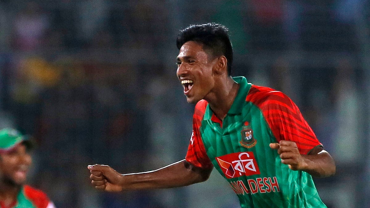 Mustafizur Rahman reacts after taking a wicket during the series against India. (Photo: AP)