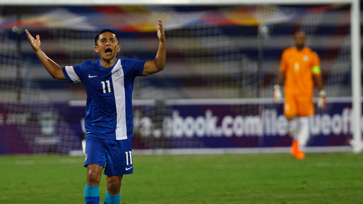 Indian skipper Sunil Chhetri reacts during the WC qualifier against Oman last week. (Photo: AP)