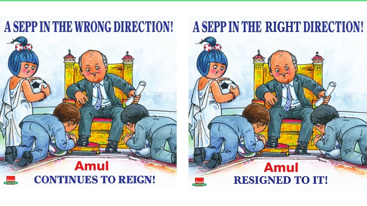 (L) The original Amul caricature published in Newspapers today before Sepp Blatter shockingly resigned. (R) Quint reworked the caricature.&nbsp;