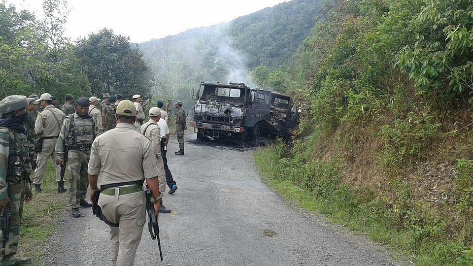 Army personnel in Manipur where a convoy of four trucks carrying 46 soldiers was ambushed by terrorists. (Photo: ANI)
