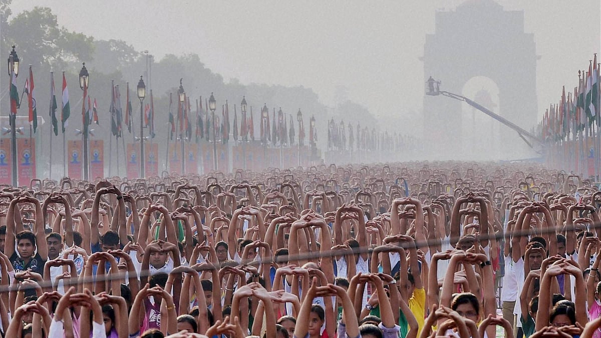 Participants of the International Yoga Day during the full dress rehearsal for the event at Rajpath in New Delhi on Friday. (Photo: PTI/Manvender Vashist)