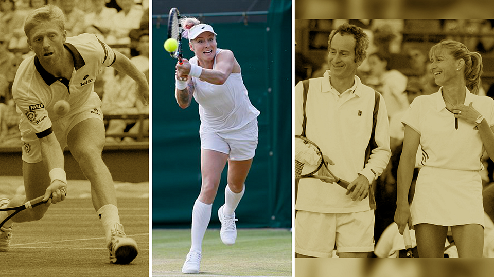 Wimbledon over the years has seen a defiance of the all-white dress code – slowly but gradually. [Boris Becker, L (Reuters), Bethanie Mattek-Sands, C&nbsp;(AP) and John McEnroe with Steffi Graf (Reuters)]