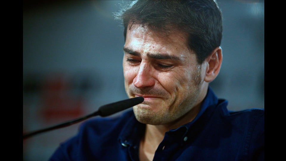 Real Madrid’s goalkeeper Iker Casillas reacts during press conference at the Santiago Bernabeu stadium in Madrid, Spain. (Photo: AP)
