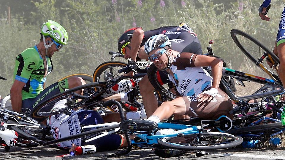 Riders and their bicycles fill the road after a fall during the 159,5 km (99 miles) third stage of the 102nd Tour de France cycling race from Anvers to Huy, Belgium. (Photo: Reuters)
