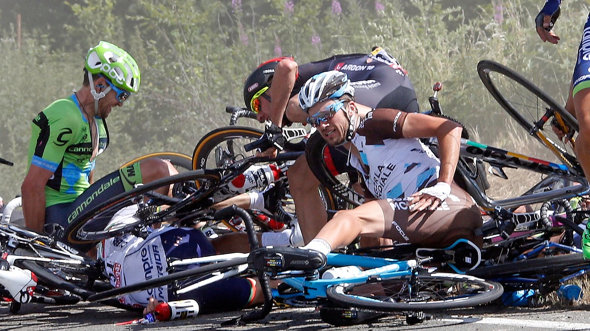 Riders and their bicycles fill the road after a fall during the 159,5 km (99 miles) third stage of the 102nd Tour de France cycling race from Anvers to Huy, Belgium. (Photo: Reuters)