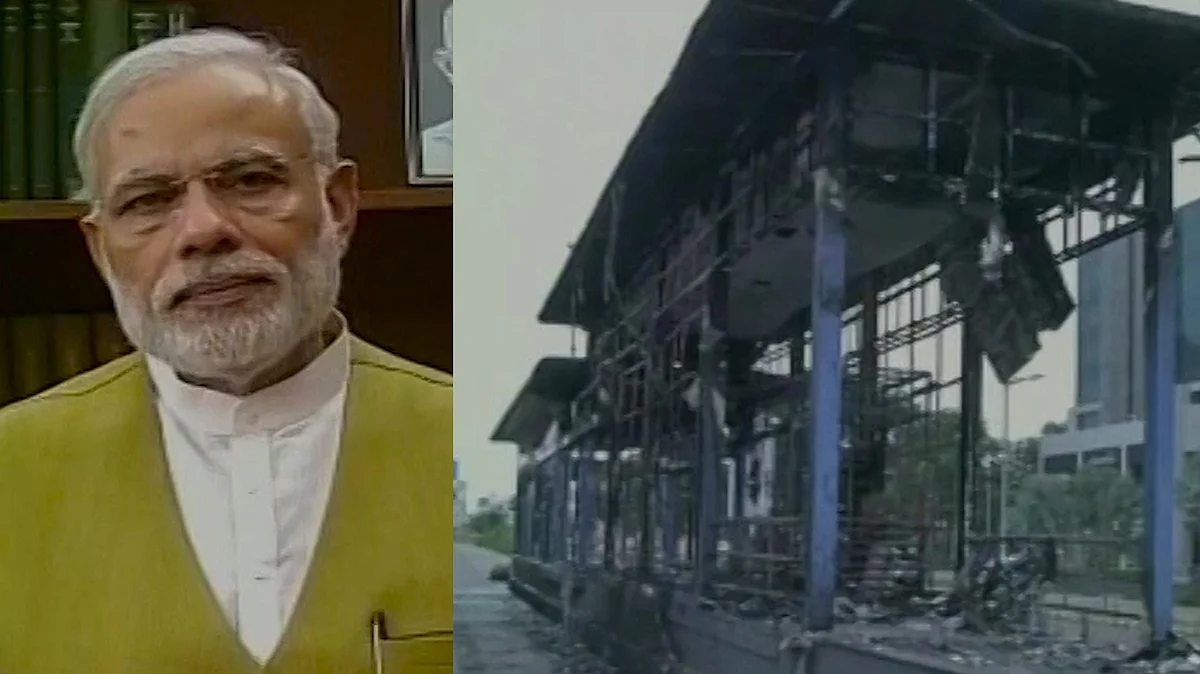 Prime Minister Narendra Modi appealed to the people of Gujarat to maintain peace. (Photo: ANI screengrab, altered by The Quint)