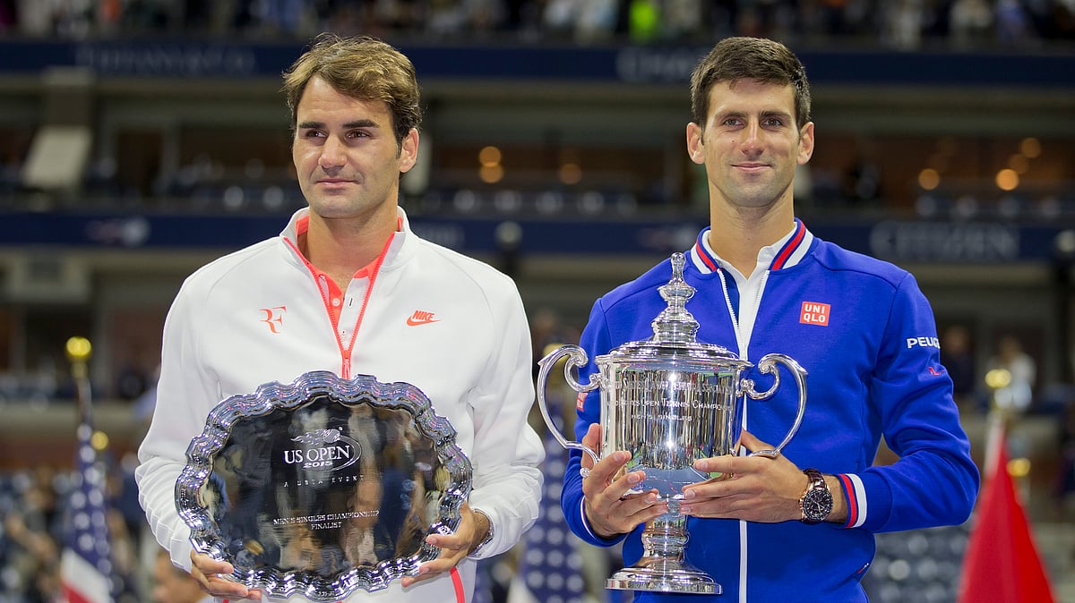 Novak Djokovic  at the trophy presentation with Roger Federer&nbsp;after the men’s singles final of the US Open. (Photo: Reuters)