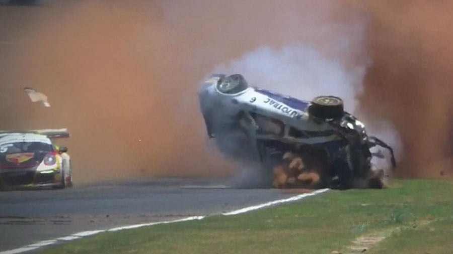 Pedro Piquet’s car toppled over nine times after a massive crash during the sixth stage of the Porsche GT3 Cup Challenge. (Photo: AP screengrab)