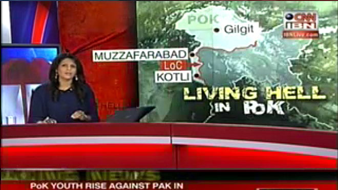 CNN-IBN accessed footage of massive anti-Pakistan protests in PoK from ground zero. (Screengrab Courtesy: <a href="http://www.ibnlive.com/livetv/">CNN-IBN</a>)