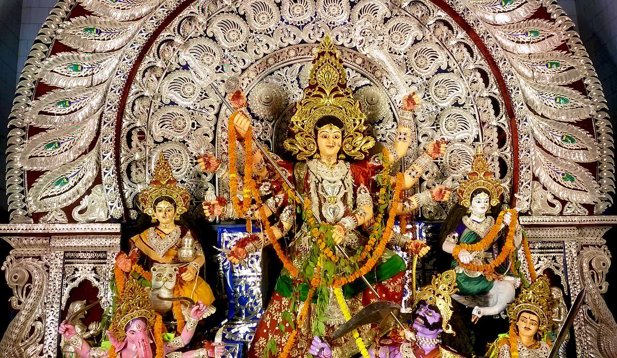 A Durga idol in Shaikh Bazar, Cuttack decorated with a gold crown and silver ornaments. (Photo: Bhakta B Rath) 