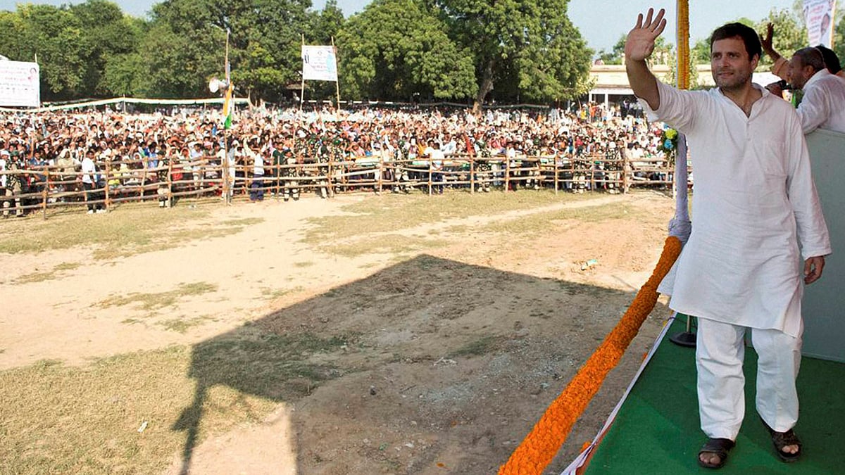 Congress Vice-President Rahul Gandhi waves during an election rally in Chenari Rohtas, Bihar, on Wednesday. (Photo: PTI)