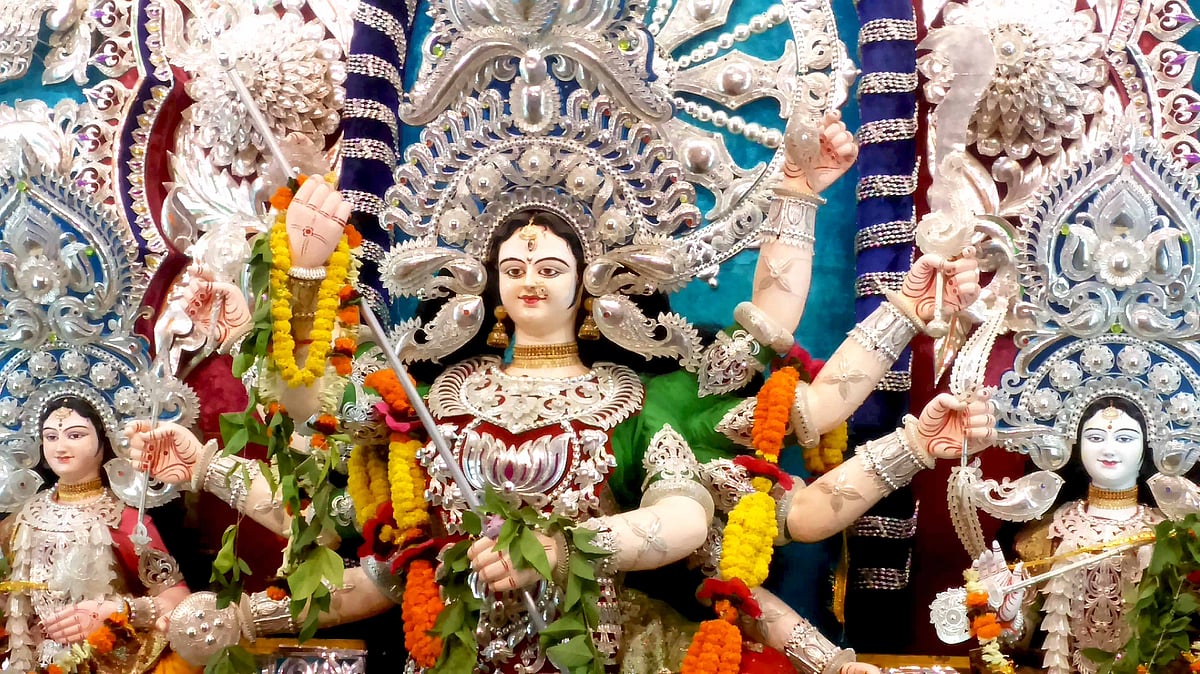 A Durga idol decorated with silver filigree jewellery in Cuttack, Odisha. (Courtesy: Bhakta B Rath) 