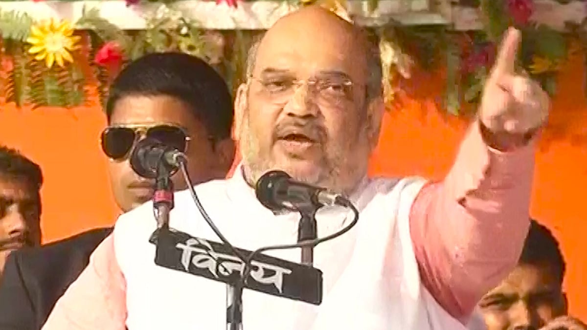 BJP President Amit Shah addressing a rally in Suryagada. (Photo: ANI screengrab)