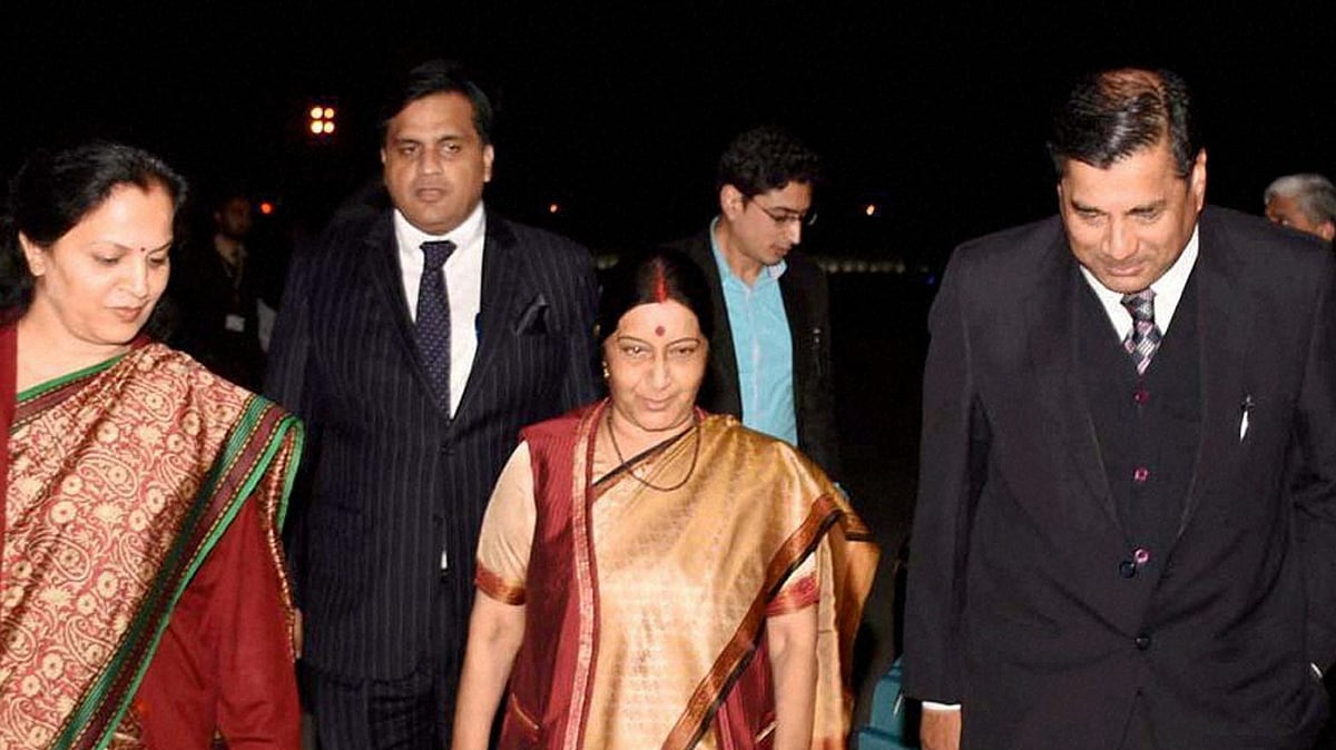 External Affairs Minister Sushma Swaraj on her arrival at Nur Khan Airbase, Islamabad in Pakistan on Tuesday. (Photo: PTI)   