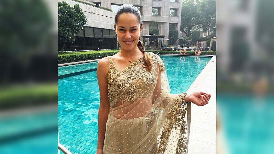 Tennis ace Ana Ivanovic tried on a saree in Delhi during her visit for the IPTL. (Photo: Twitter)
