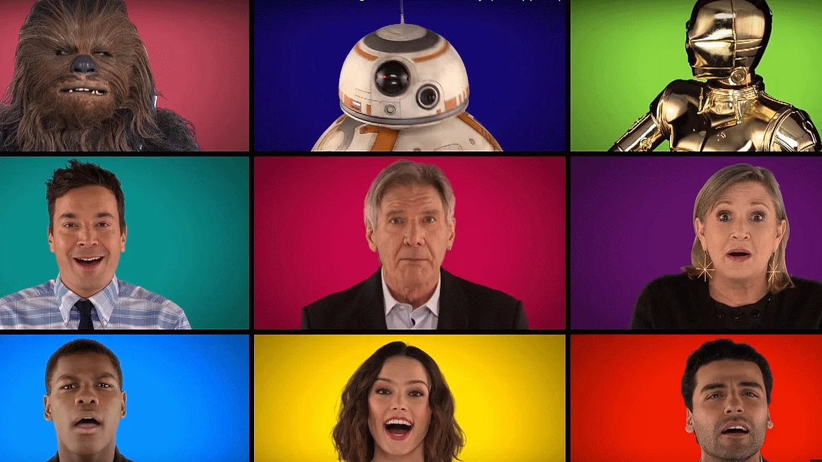 Jimmy Fallon and the <i>Star Wars: Force Awakens</i> cast, including legends Harrison Ford and Carrie Fisher, came together for an a capella tribute to the film series’ iconic theme.  (Photo: <a href="https://www.youtube.com/watch?v=ZTLAx3VDX7g">YouTube</a>)