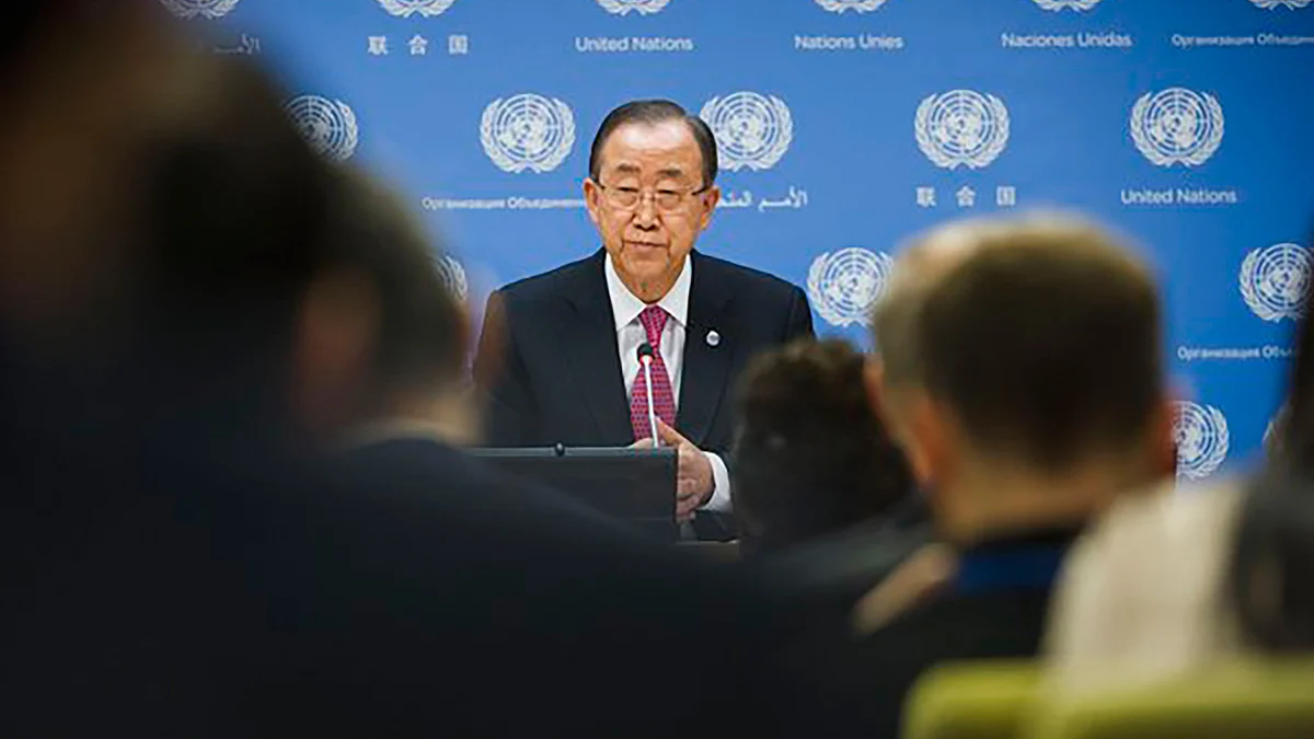 UN chief Ban Ki-moon addressing a press conference. (Photo Courtesy: <a href="https://twitter.com/UN_Spokesperson/status/677222465664368641">Twitter</a>)