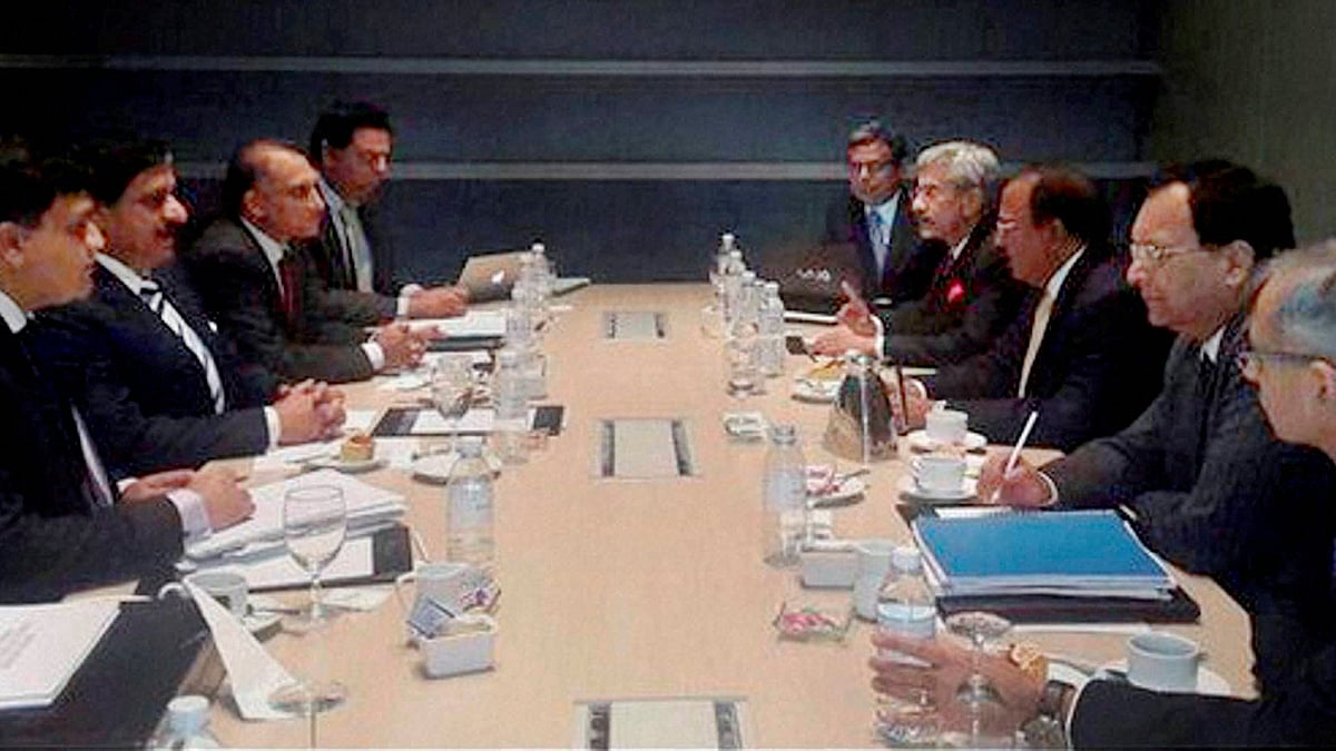 National Security Advisor (NSA) Ajit Doval with his Pakistani counterpart  Nasser Khan during a delegation level meeting in Bangkok on Sunday. (Photo: PTI)