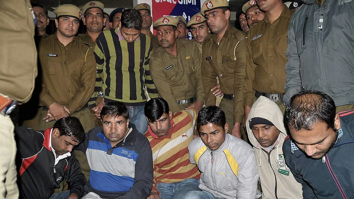 The seven convicts who were awarded death sentence in the gangrape and murder case of a Nepalese woman, by a court in Rohtak on Monday. (Photo: PTI)