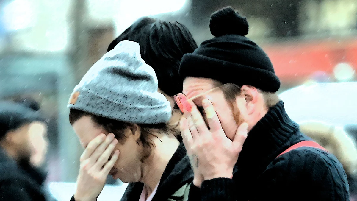 Members of  Eagles of Death Metal, Jesse Hughes (right) and Julian Dorio pay their respects to the victims of Paris attacks. (Photo: AP)  