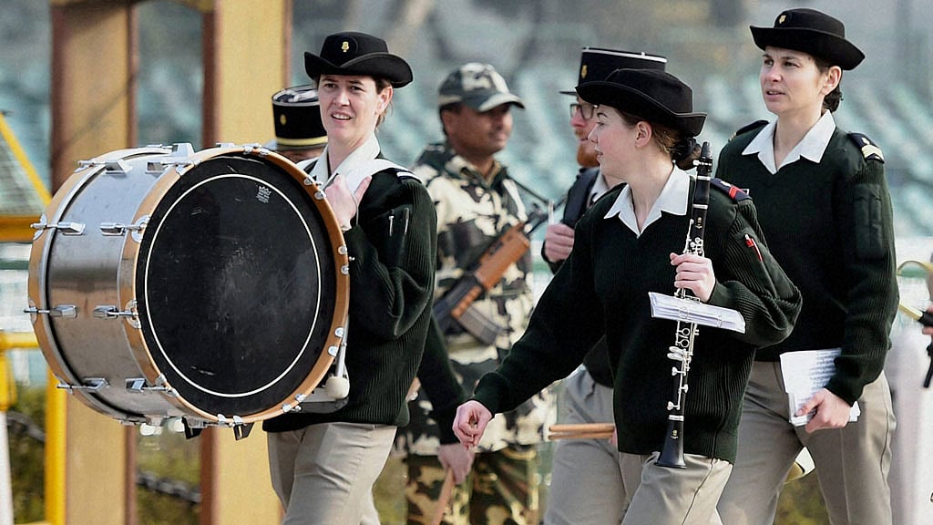 French soldiers on Monday took part in marching practice at the Rajpath for the Republic Day celebrations. (Photo: AP)